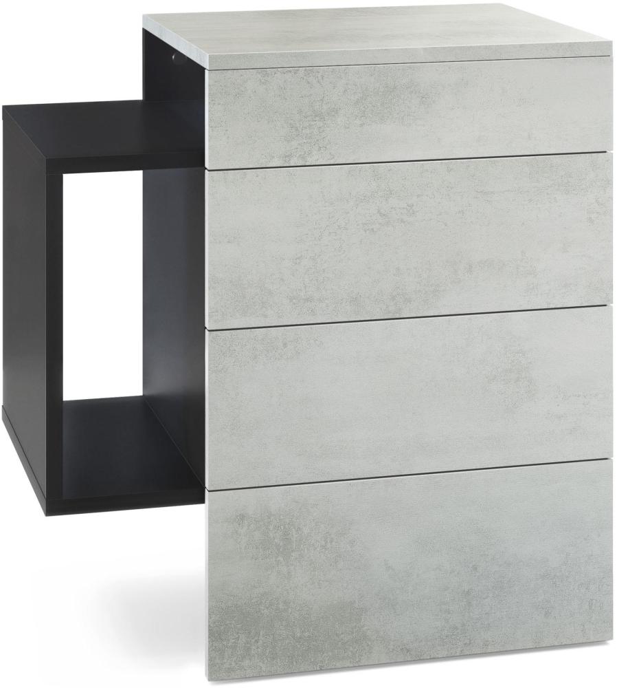 Vladon Nachttisch Queens, Nachttischschrank mit 2 Schubladen und 1 seitlichem Fach zur Wandmontage, Schwarz matt/Beton Oxid-Optik (60 x 63 x 36 cm) Bild 1