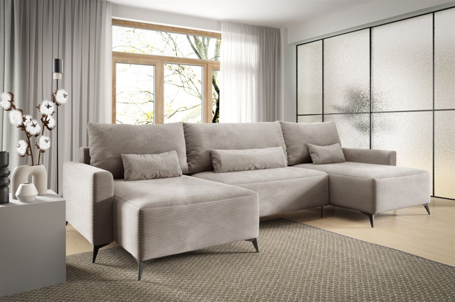 Wohnlandschaft mit Schlaffunktion SILVES Sofa U-Form Stoff Poso Beige Bild 1