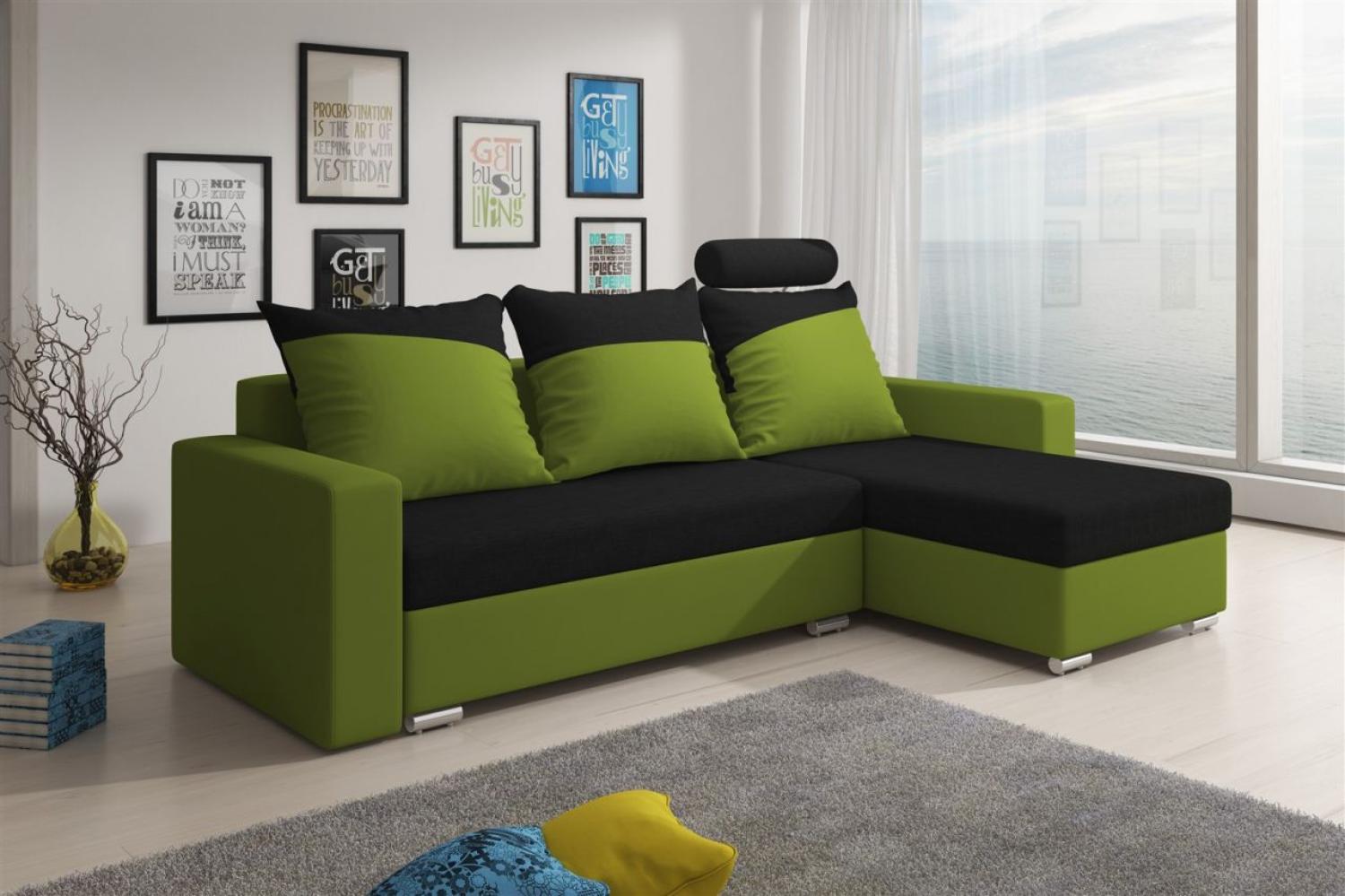 Ecksofa Sofa NORA mit Schlaffunktion Lim. grün/Schwarz Ottomane Rechts Bild 1