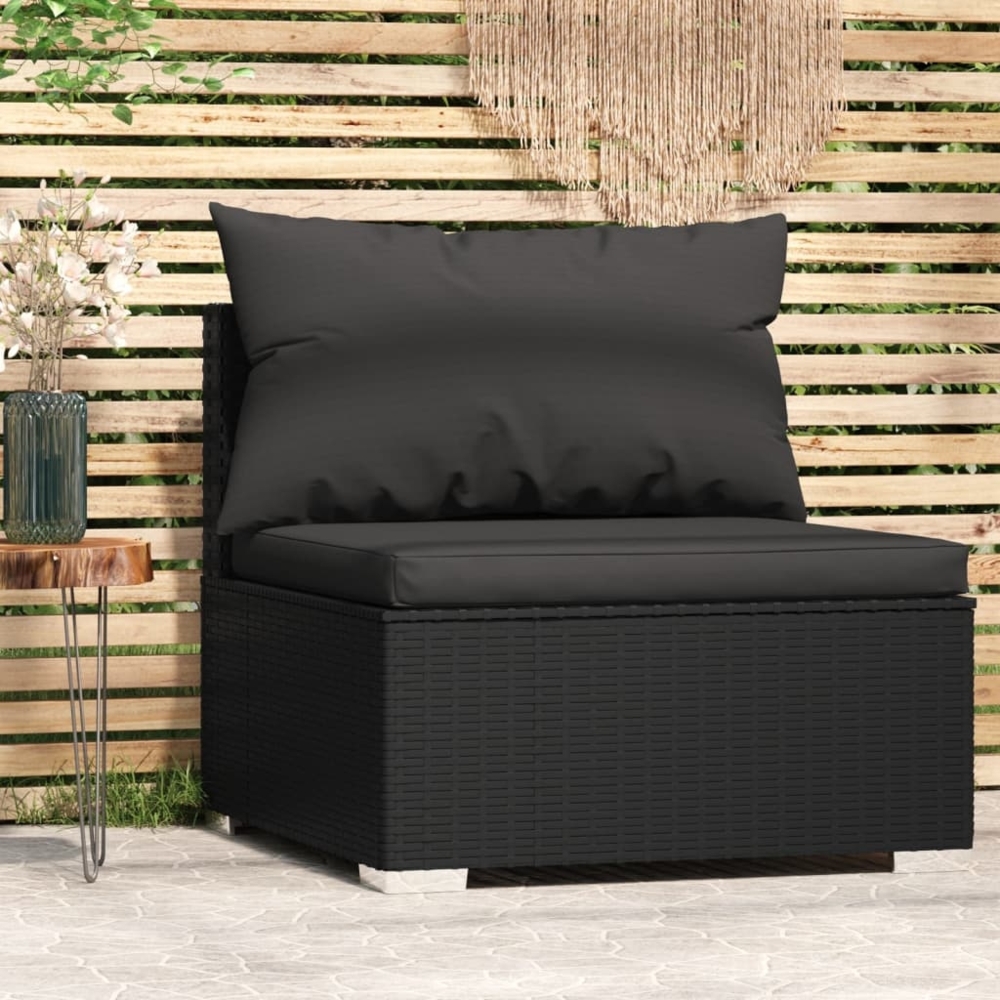 vidaXL Garten-Mittelsofa mit Kissen Schwarz Poly Rattan 317526 Bild 1