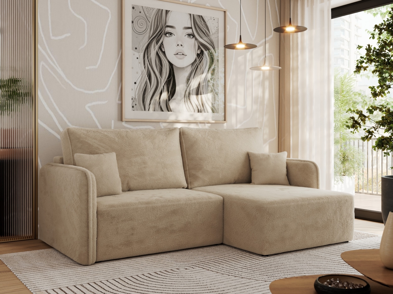 L-förmiges Ecksofa mit Armlehnen, für das Wohnzimmer, Schlaffunktion und Bettkästen, Wellenfeder am Sitz, losen Kissen - MESTO - Beige Plüschstoff - rechte Seite Bild 1