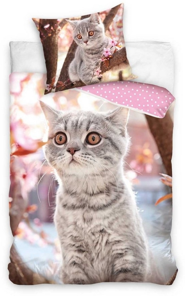 Carbotex Bettwäsche Katze - Wende-Bettwäsche-Set mit Kätzchen-Motiv, 135x200 & 80x80, Baumwolle, 100% Baumwolle Bild 1