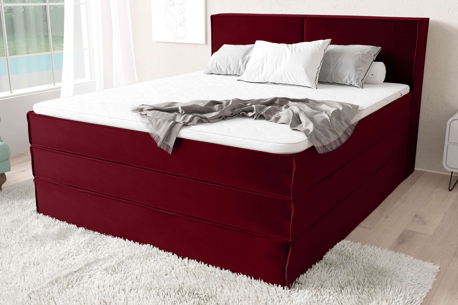 99rooms Santiago Boxspringbett Rot Velours KRONOS 120x200 cm Taschen-Federung Bild 1