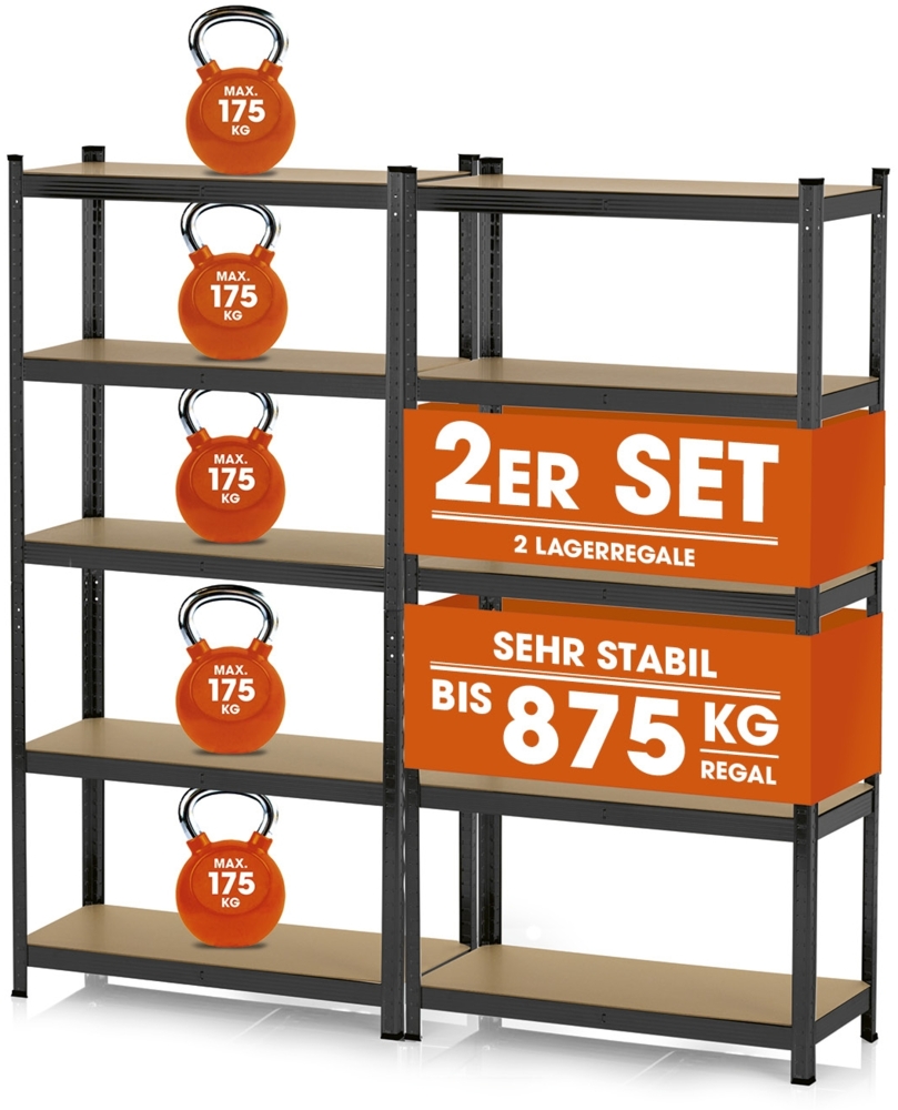 EASYmaxx Schwerlastregal 2er-Set 180 x 90 x 40 cm | 1750 kg Traglast, 175 kg pro Ebene | Regal und Werkbank | Kellerregal, Lagerregal mit 10 verstellbaren Ablagen | Keller, Garage, Werkstatt, schwarz Bild 1