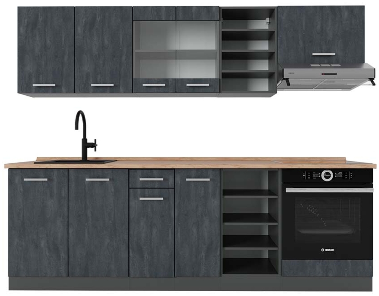 Vicco Komplettküche Schwarz Beton/Anthrazit 240 cm AP Eiche, R-Line Bild 1
