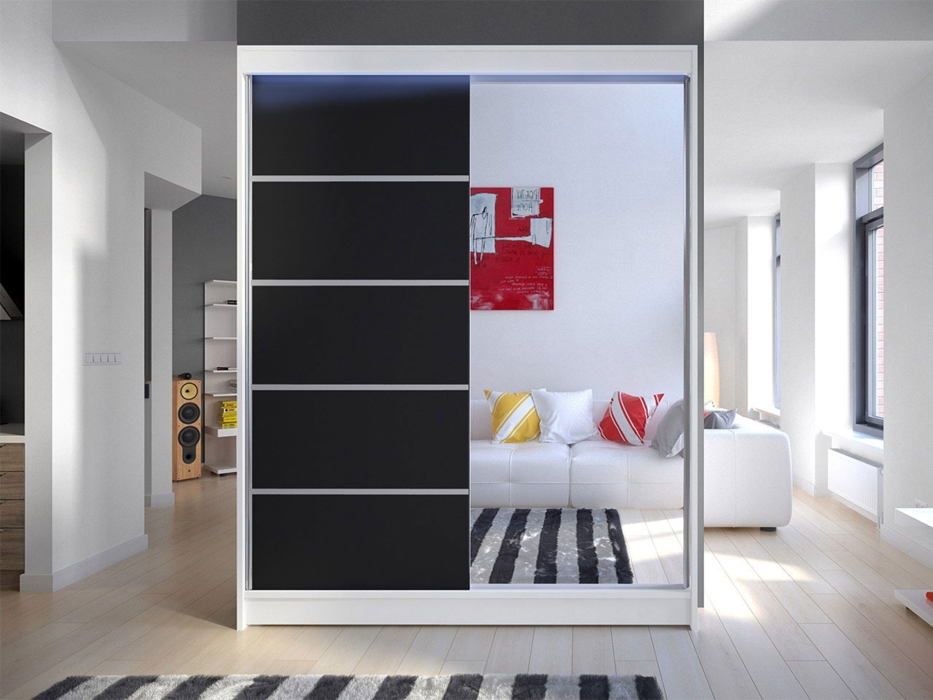 Kleiderschrank Metropolis III, mit RGB LED Beleuchtung, Farbe: Weiß / Schwarz Bild 1