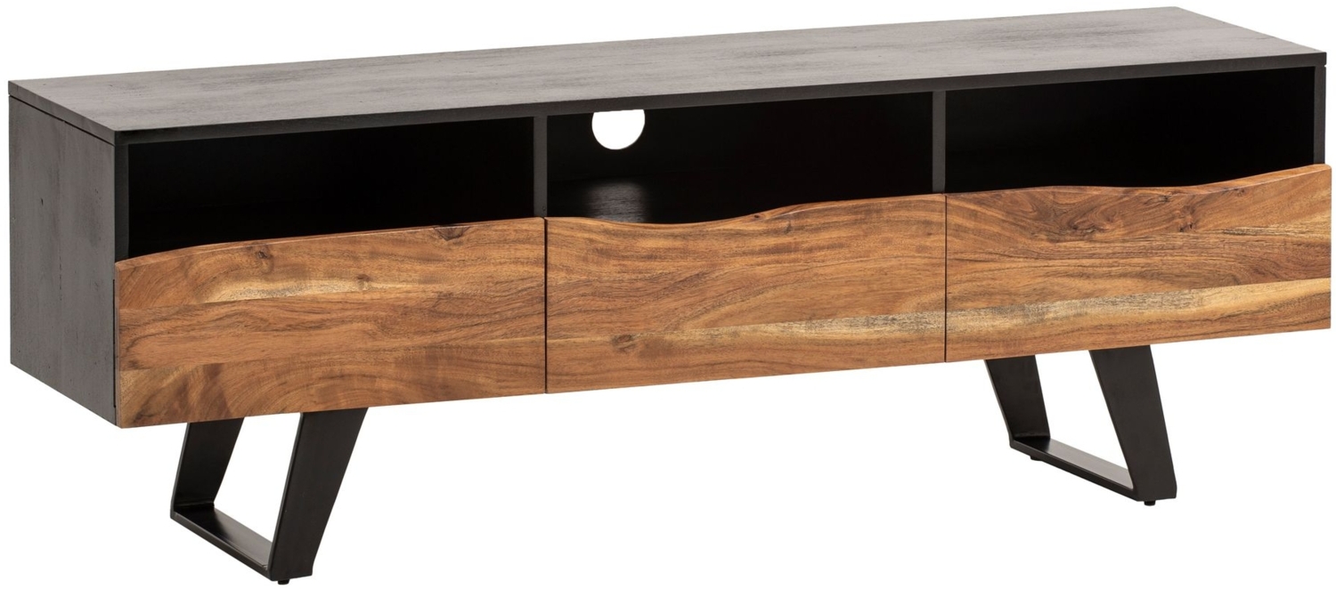 Lowboard Akazie Massivholz 140 x 50 x 40 cm Baumkante TV-Kommode Schwarz, Design TV-Schrank Hoch mit Schublade, Fernsehtisch Fernsehschrank Modern mit Türen, Fernsehkommode Wohnzimmer Bild 1