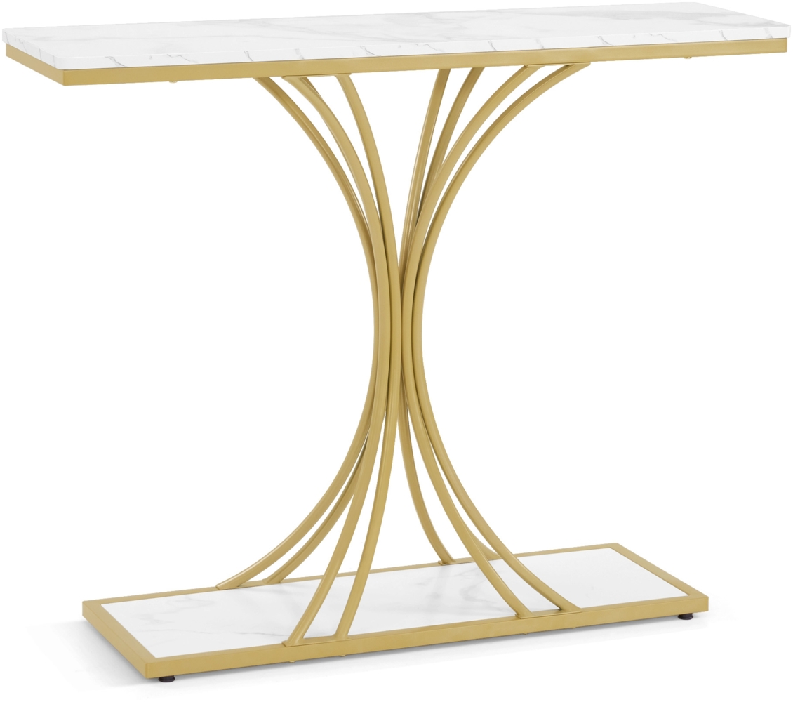 BarberPub Konsolentisch Schmal, Eingangstisch Holz Metallgestell, Flurtisch mit 2 Ebenen, Moderner Beistelltisch für Flur, Wohnzimmer, Vorzimmer, Eingang, Foyer, Marmor-Weiß Gold, 30x100x80,5cm, 2226 Bild 1