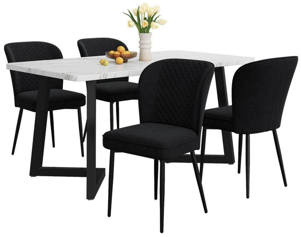 i@home Essgruppe 117×68cm Esstisch mit 4 Stühlen, (MDF Tischplatte in Weißer,Schwarz Tischbeine, Set, 5-tlg, für 4 Personen), Moderner Küchentisch Set,Schwarz Samt Esszimmerstühle Bild 1