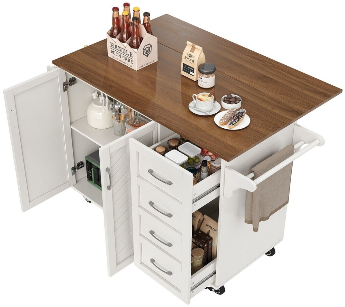 SeedWave Kücheninsel mit klappbarer Arbeitsplatte, Buffet-Schrank mit verstellbare Regale, 4 Schubladen, großes Staufach, 360° drehbare feststellbare Rollen Bild 1