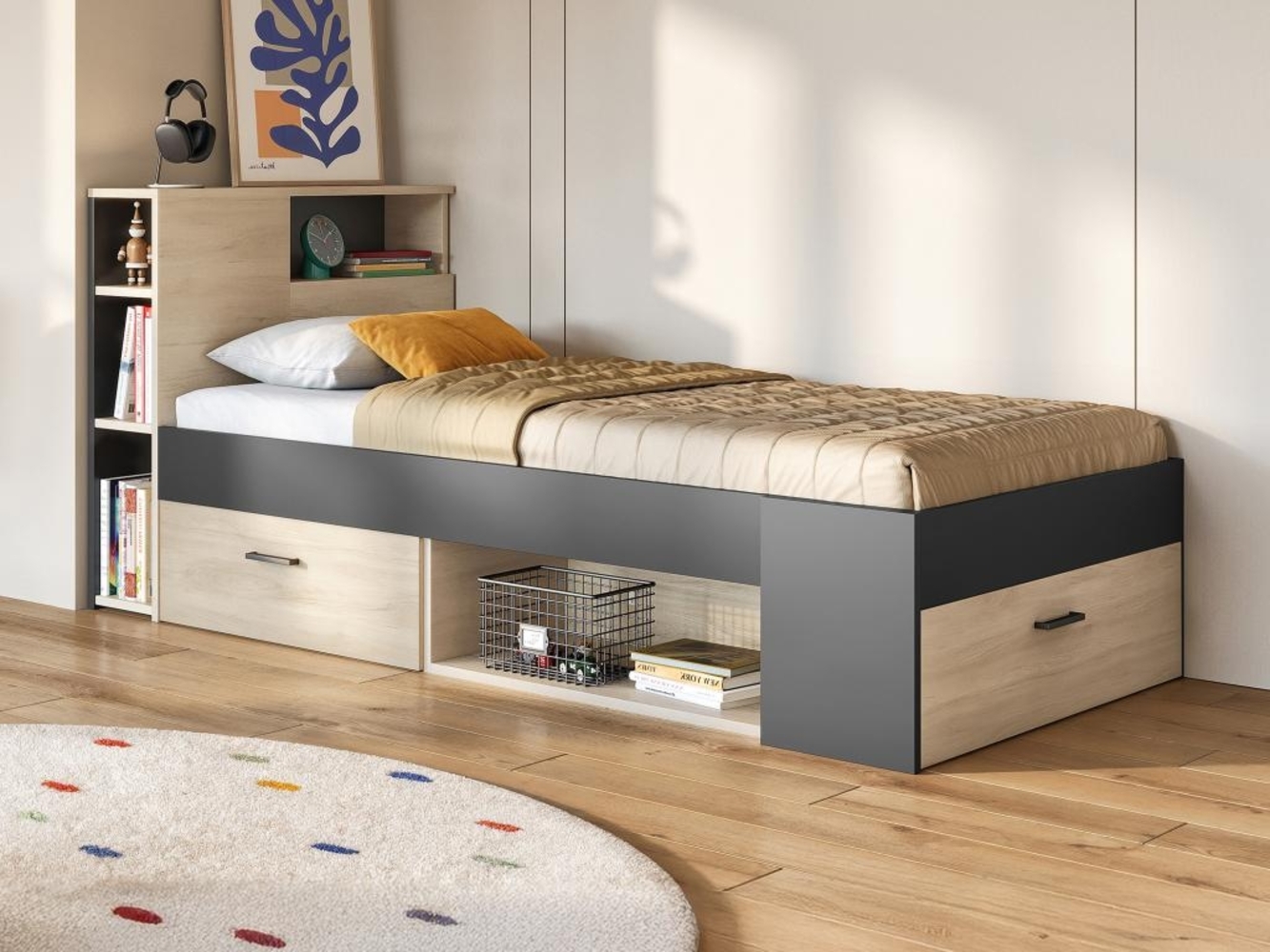 Vente-unique - Bett mit Kopfteil, Stauraum & Schublade + Matratze + Lattenrost - 90 x 190 cm - Naturfarben & Anthrazit - LEANDRE Bild 1