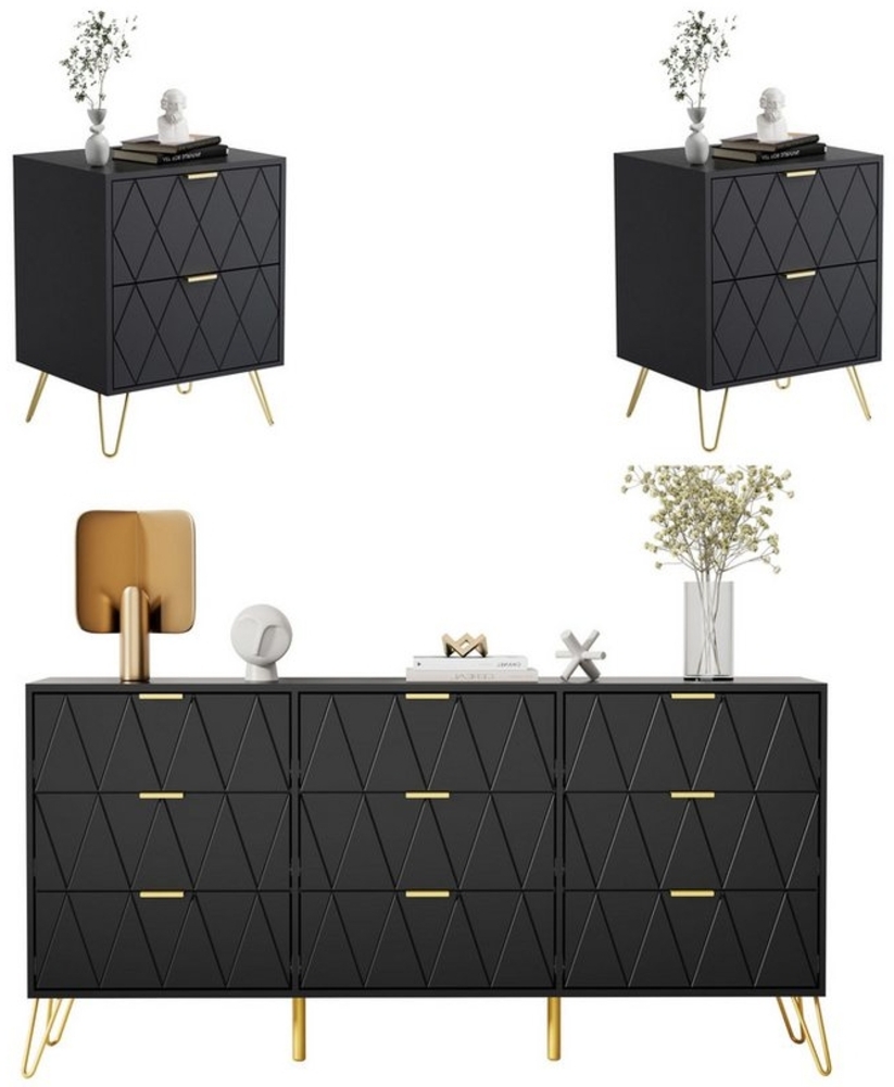 UEV Schlafzimmer-Set 3er-Set Schlafzimmermöbel, Möbelset im skandinavischen Stil, (Modern Linienmuster, Kommode mit 9 Schubladen und 2er-Set Nachttisch), Schrank mit Kippschutz, Goldene Griffe und Füße, Soft-close Bild 1