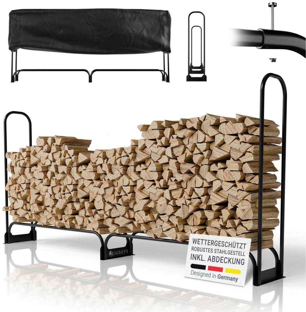 Juskys Kaminholzregal L 260x117x36 cm – Schwarz, Brennholzregal aus Stahl mit Abdeckung, Holzunterstand für Garten & Terrasse, 300 kg belastbar Bild 1