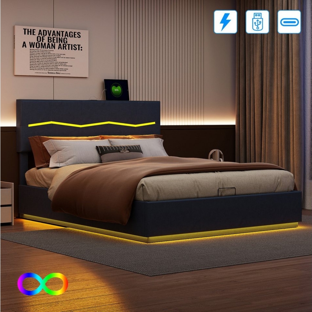 PXloue Polsterbett LED Doppelbett Jugendbett (USB- und Typ-C-Ladeschnittstelle), mit LED Beleuchtung und Lattenrost, Bettkasten, 140x200cm Bild 1