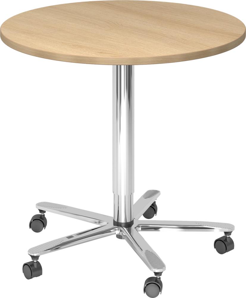 bümö Säulenhubtisch höhenverstellbar, Stehtisch Büro, Bistrotisch rund 80 x 80 cm - Besprechungstisch Eiche, Stehtisch Holz-Platte, Säule aus Metall verchromt, Säulentisch, Hochtisch, ST08-E-C Bild 1