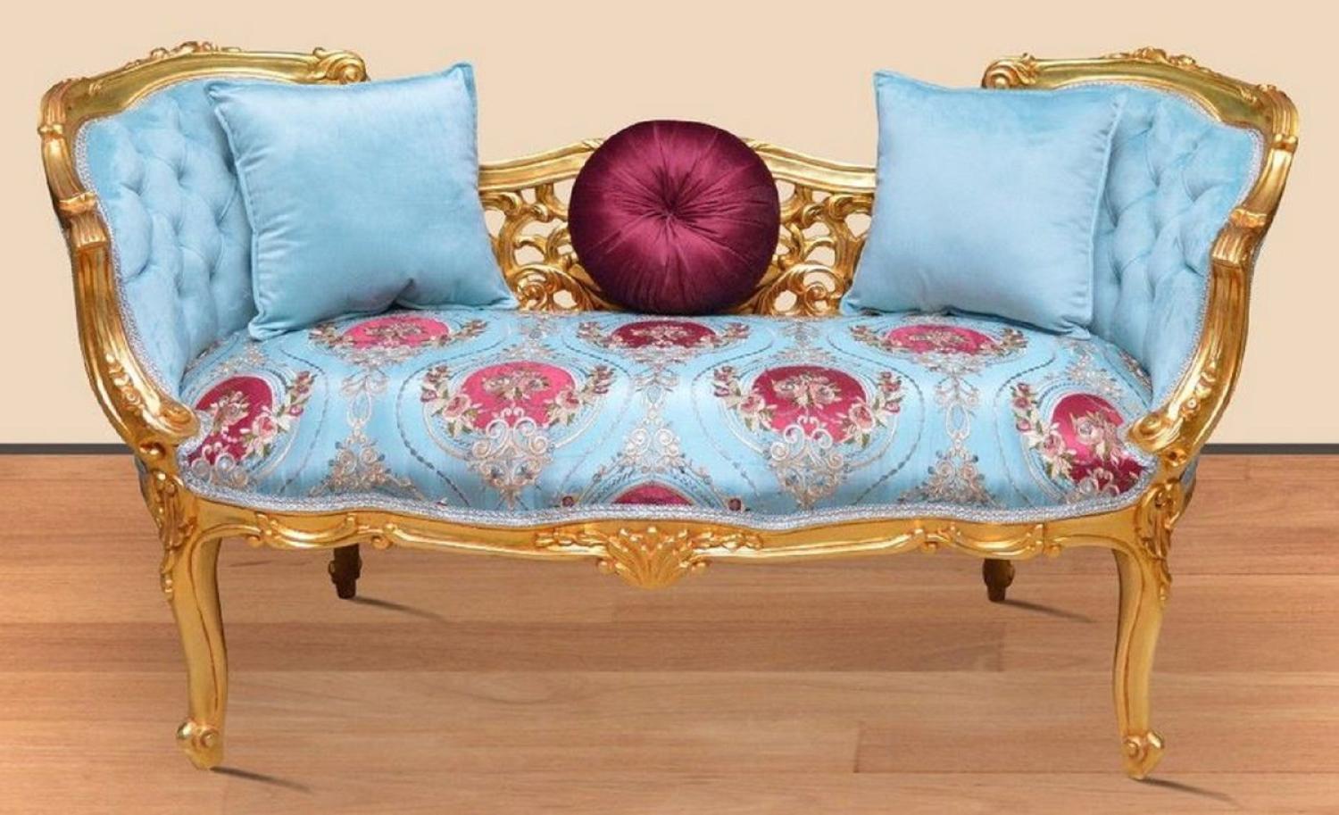 Casa Padrino Barock Sitzbank Hellblau / Mehrfarbig / Gold 150 x 55 x H. 80 cm - Prunkvolle Massivholz Bank mit edlem Blumenmuster - Barock Möbel Bild 1