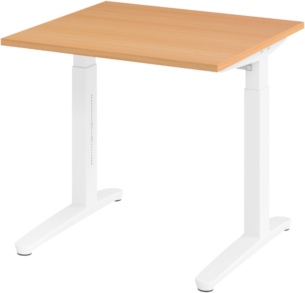 bümö manuell höhenverstellbarer Schreibtisch 80x80 in Buche, Gestell in weiß - PC Tisch höhenverstellbar & klein, höhenverstellbarer Tisch Büro, kleiner Computertisch verstellbar, X08-6-WW Bild 1