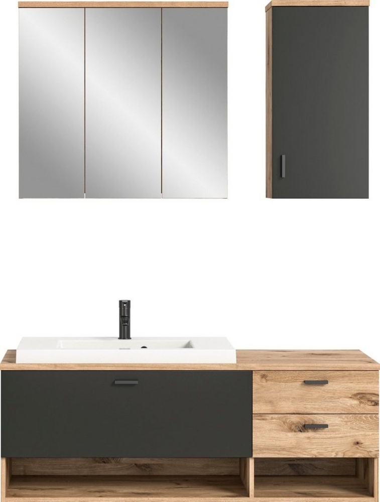 welltime Badmöbel-Set Dolo, 3 teilig, inklusive Mineralguss-Waschbecken, bestehend aus:, (Set, 3-St), Waschtisch inkl. Waschbecken, Hängeschrank, Spiegelschrank Bild 1