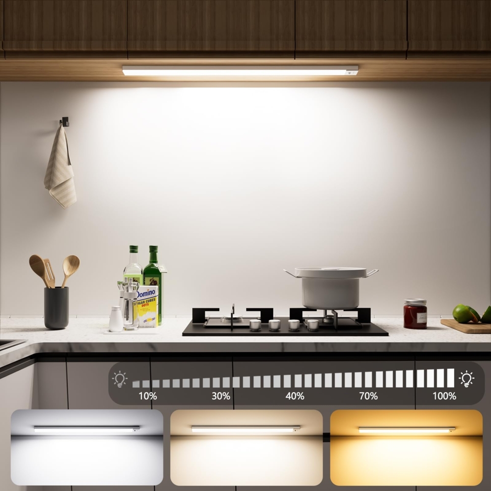 OUILA Unterbauleuchte Küche LED 2 Stück 60CM 3 Farbmodi Schrankbeleuchtung Batterie 5000mAh USB Wiederaufladbar Magnetische Lampe Kabellos Schranklicht mit Bewegungsmelder für Schlafzimmer, Werkstatt Bild 1