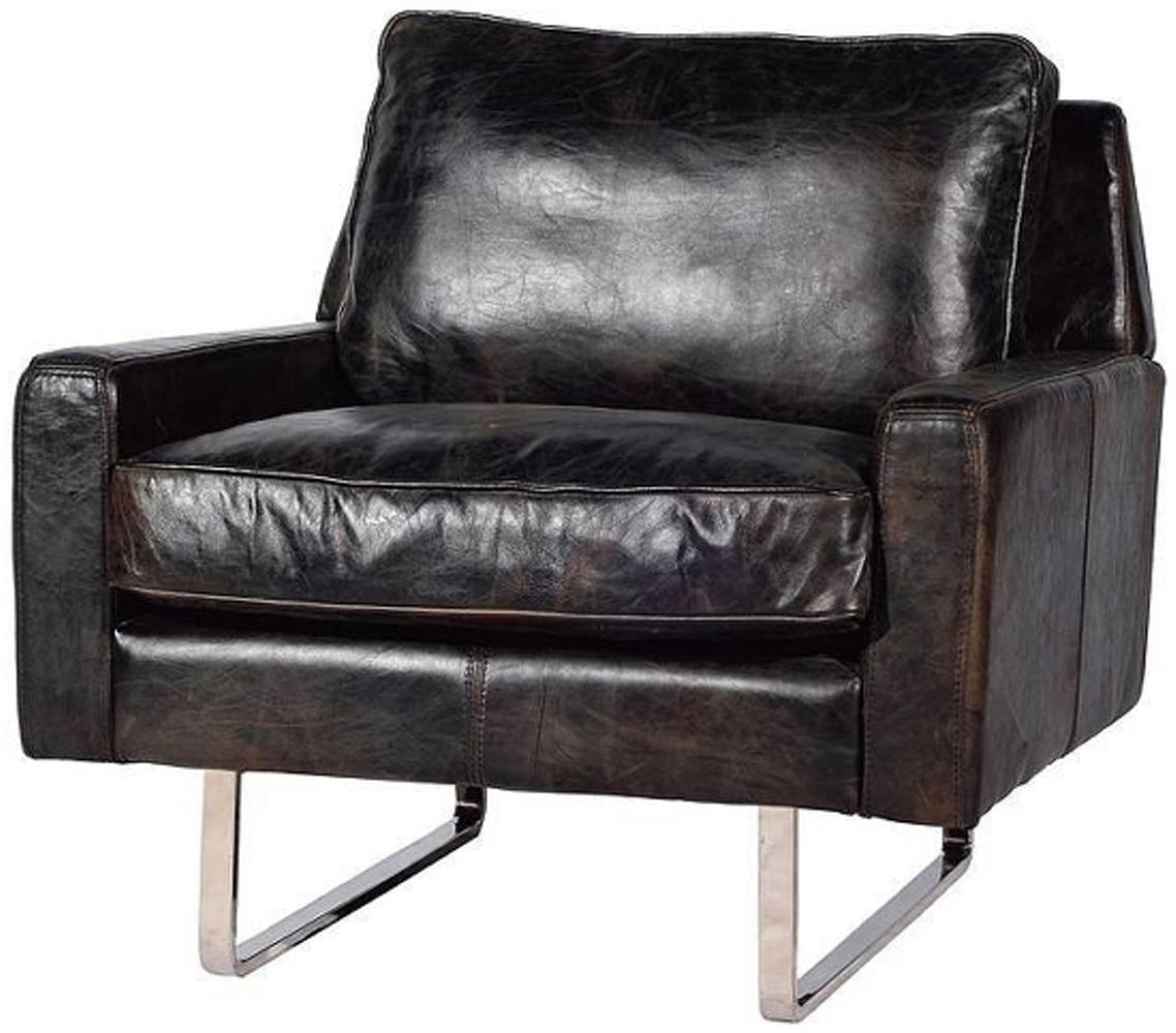 Casa Padrino Luxus Echtleder Sessel Vintage Schwarz / Silber 87 x 86 x H. 83 cm - Leder Möbel Bild 1