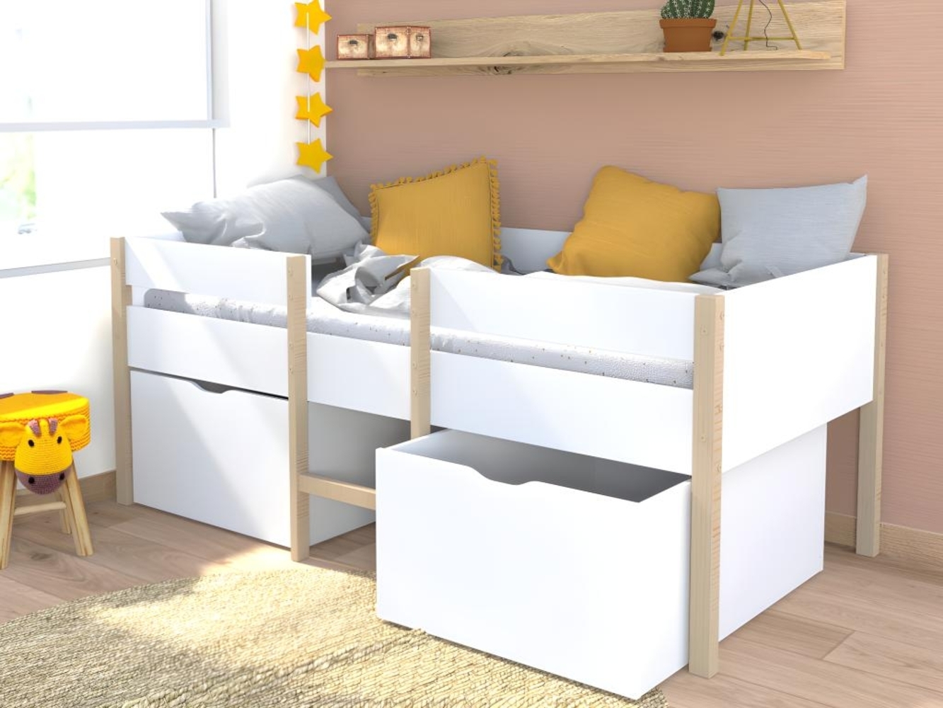 Vente-unique - Halbhochbett mit 2 Schubladen + Matratze - 90 x 190 cm - Weiß & Eiche - SISSY Bild 1
