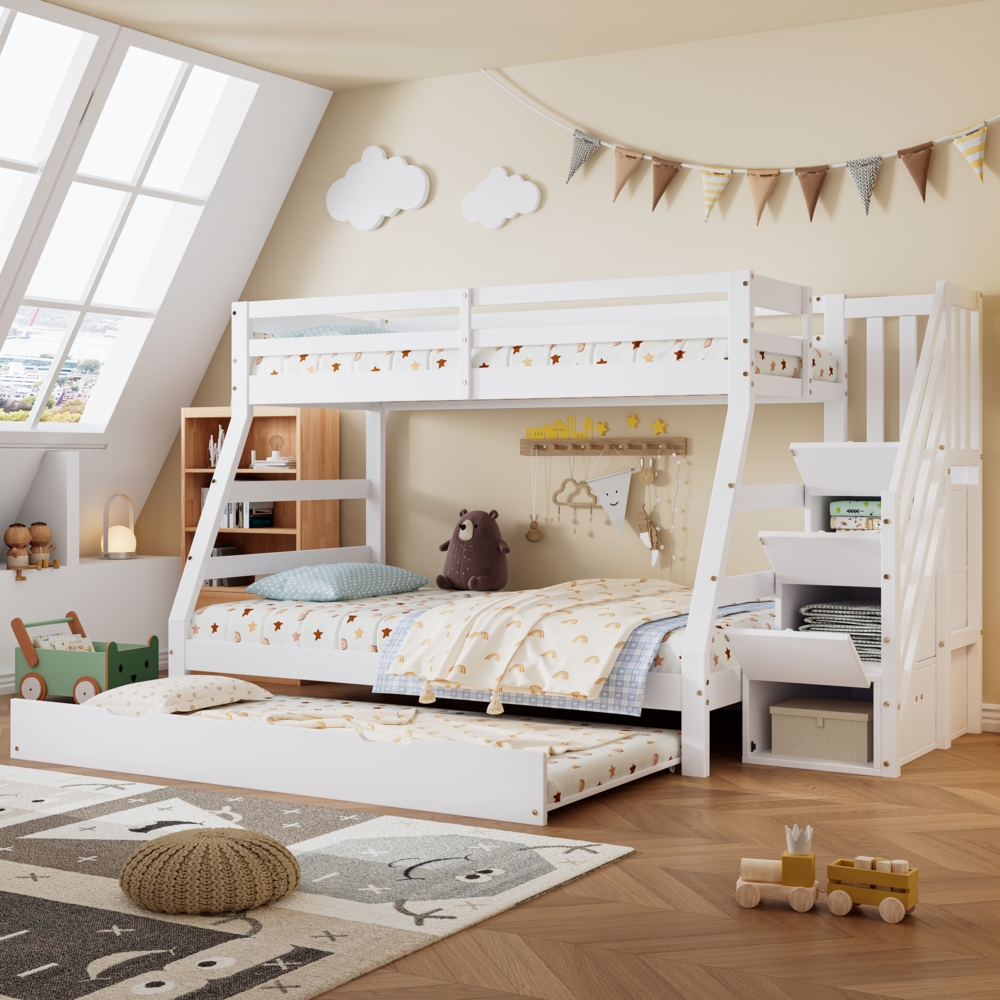 Etagenbett Weiß mit Leiterschrank & Rollbett 90x190/90x200/120x200, Kinderbett platzsparend mit Stauraum Kinderhochbett Bild 1