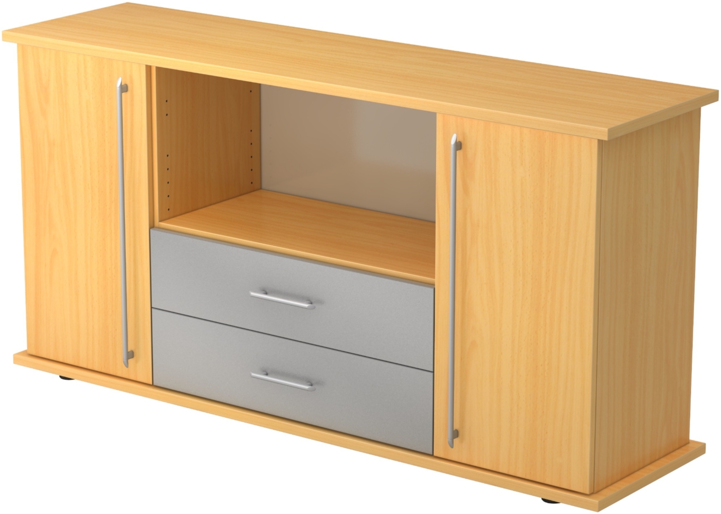 bümö Sideboard Buche mit Flügeltüren & Regal - Büromöbel Sideboard mit Schubladen Holz 166cm breit, 45cm schmal, Büro Schrank für Flur oder als Wohnzimmer-Kommode mit Relinggriff, SBTS-6-6-RE Bild 1