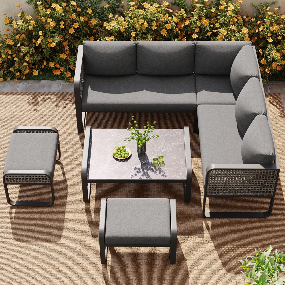 Merax Garten-Lounge-Set, Rattan-Möbel-Set für 6-7 Personen, Ecksofa mit verzinktem Eisengestell, verstellbare Beine, inklusive aller Sitz- und Rückenkissen, grau Bild 1