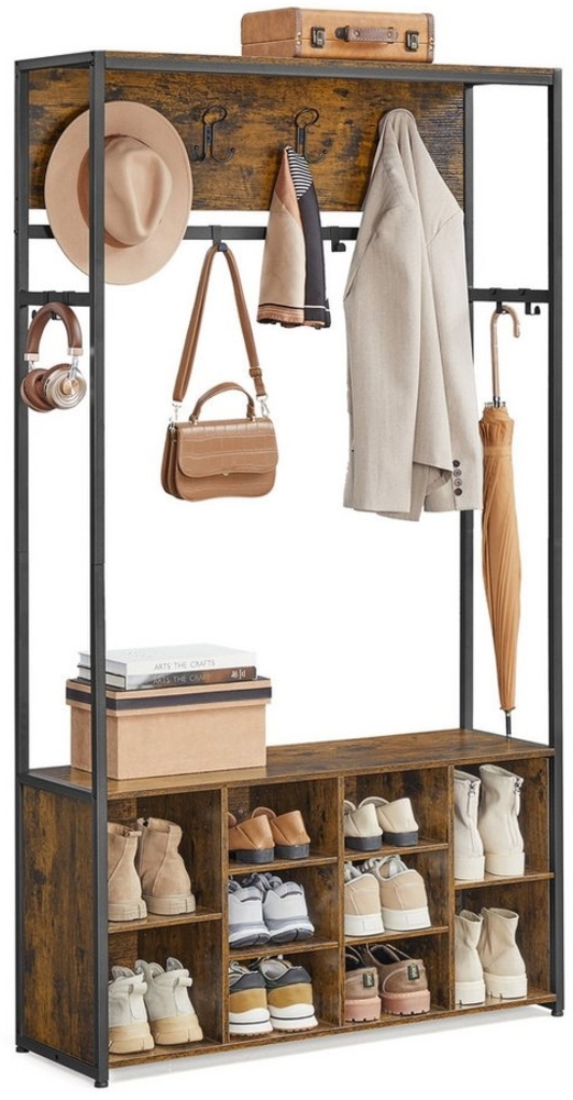 VASAGLE Kleiderständer, mit Schuhregal, Kleiderhaken, verstellbare Ablagen, Holzspanplatte, Stahl, vintagebraun-tintenschwarz, 32 x 100 x 180 cm Bild 1