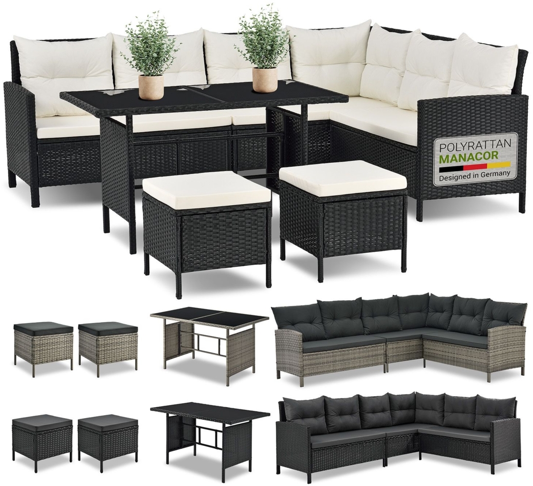 Juskys 'Manacor' Gartenlounge mit Sofa, Tisch, 2 Hocker & Kissen, bis 7 Personen, Polyrattan, schwarz/creme, 80 x 228 x 178 cm Bild 1