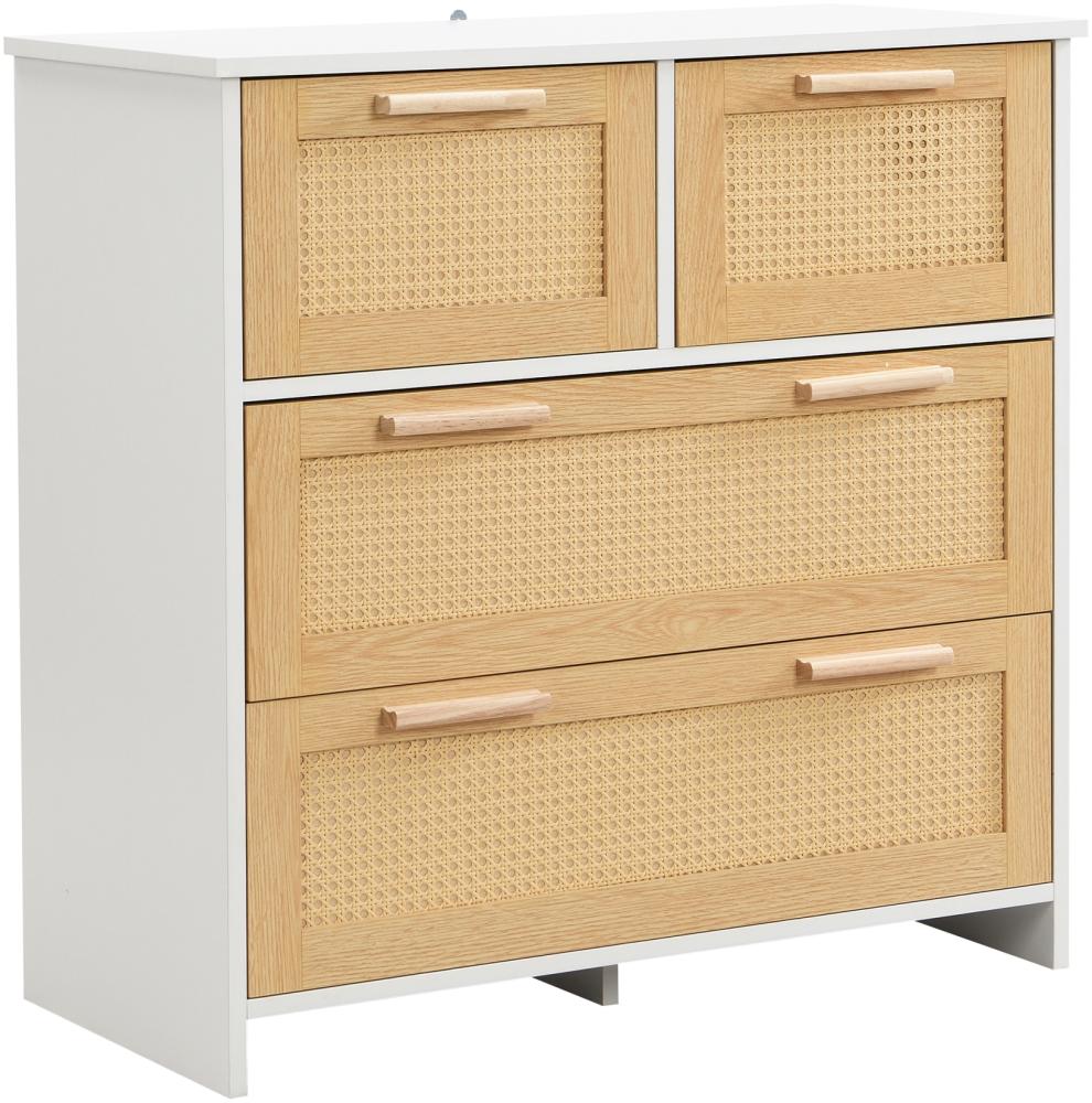 Merax Hochwertiger 4-Schubladen-Rattanschrank mit Massivholzgriffen - Geeignet für Schlafzimmer, Wohnzimmer Maße: B80/H80/T38 cm Natur + Weiß Bild 1