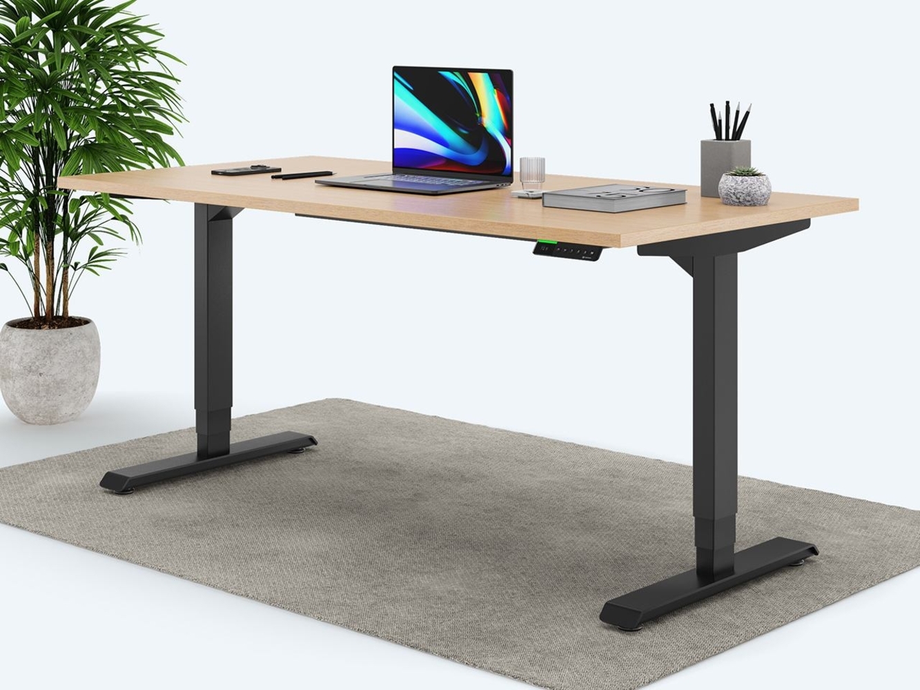 Desktopia Pro X - Elektrisch höhenverstellbarer Schreibtisch / Ergonomischer Tisch mit Memory-Funktion, Buche, Gestell Schwarz, 180x80 cm Bild 1