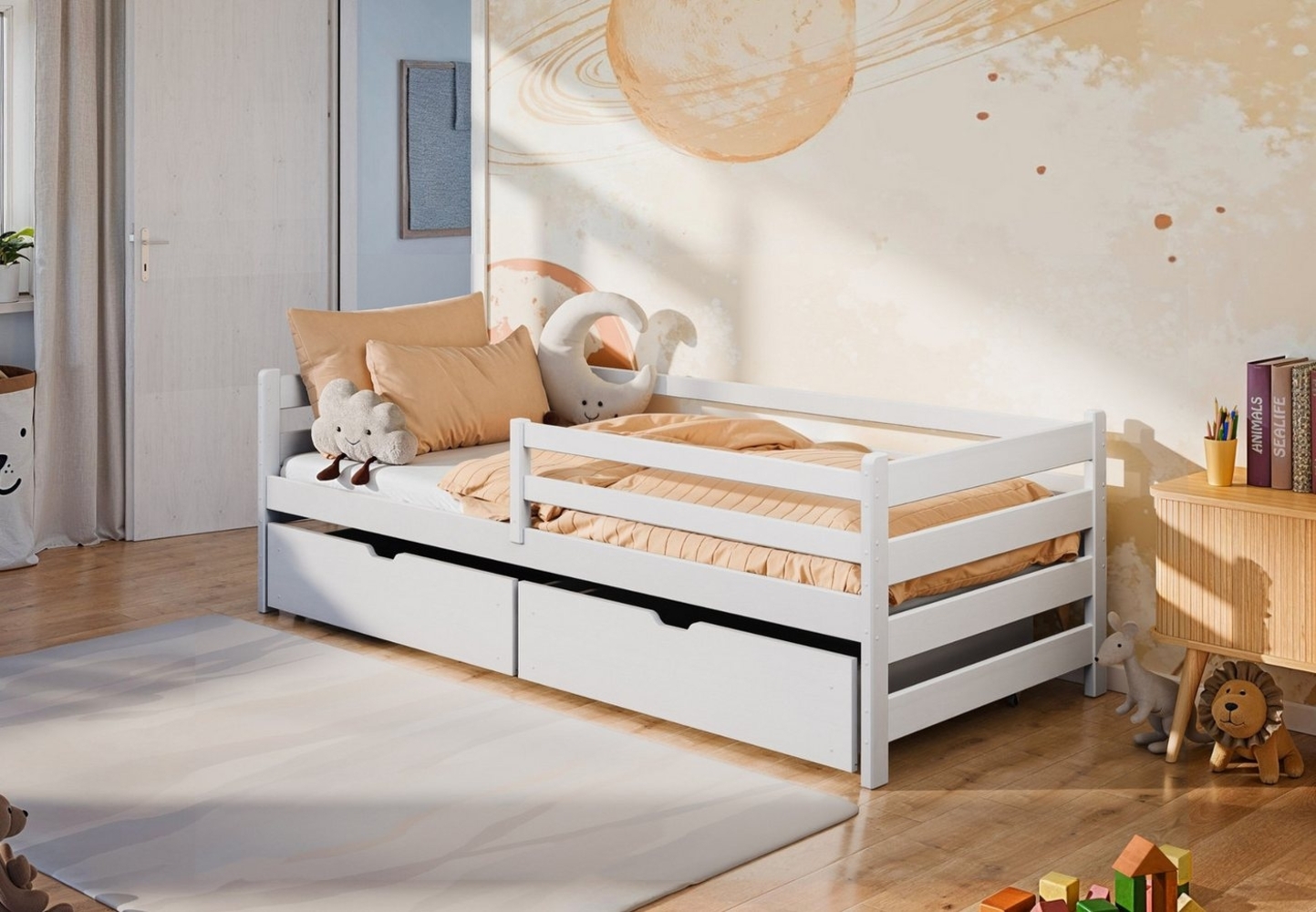Kids Collective Kinderbett 90x200 cm mit zwei Schubladen, Rausfallschutz und Lattenrost (Kinderbett Doppelbett Funktionsbett), Vollholz massiv in weiss Bild 1
