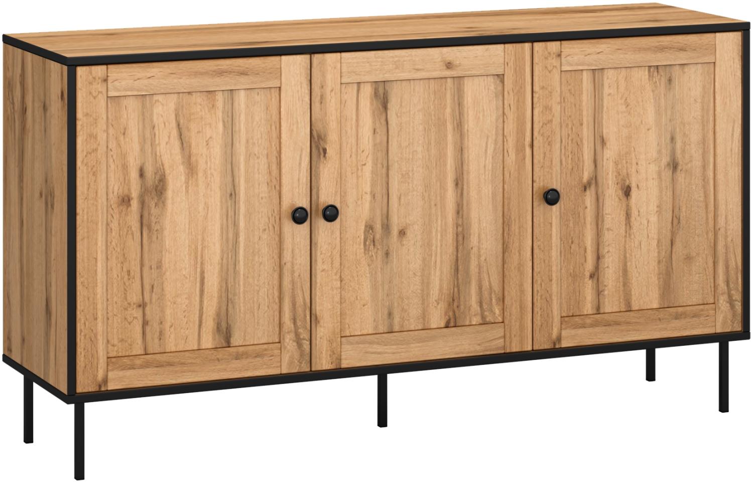 Domando Sideboard Salento Industrial für Wohnzimmer Breite 144cm, schwarze Designfüße, schwarze Metallgriffe in Wotan Eiche und Schwarz Matt Bild 1