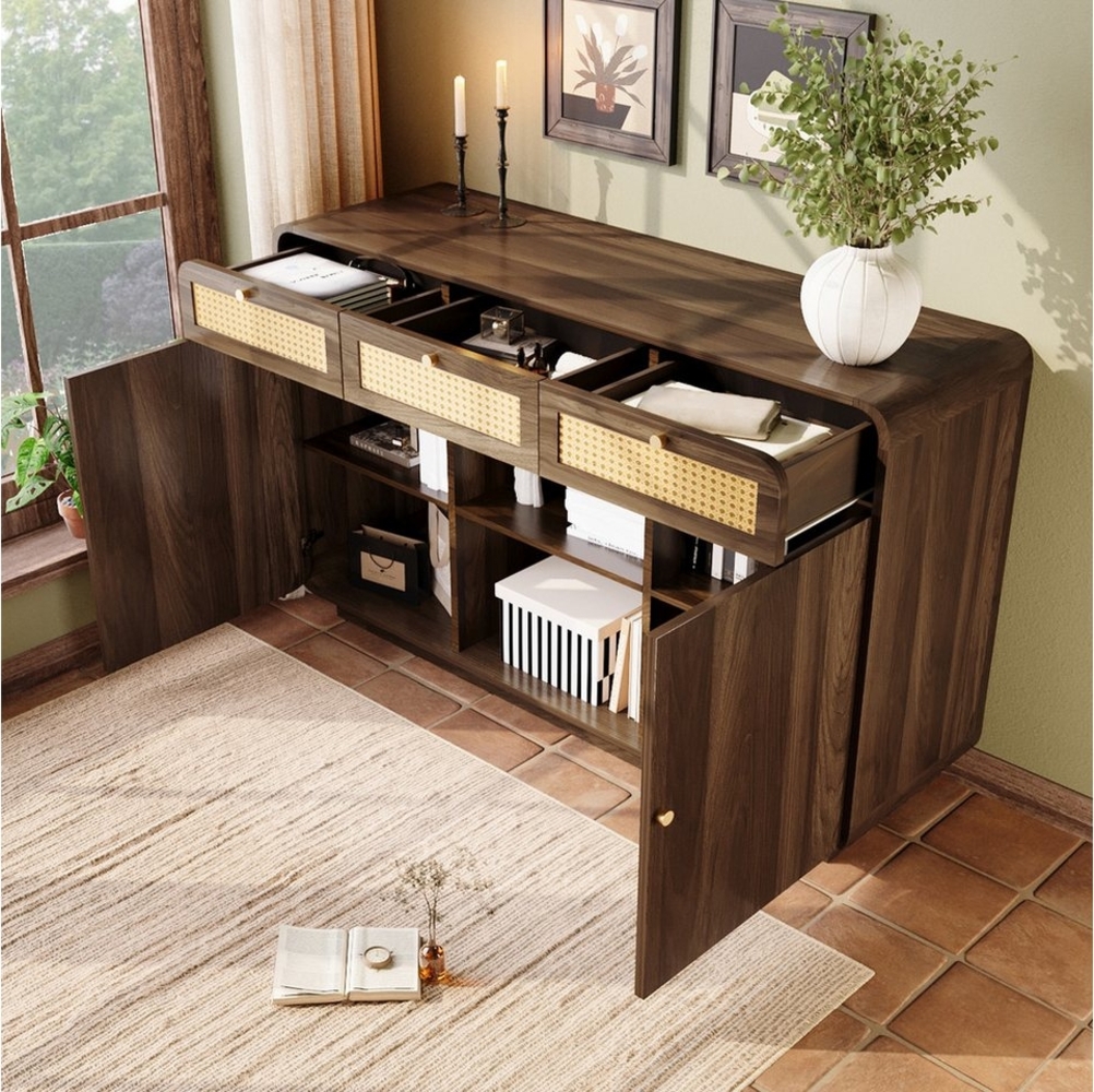 REDOM Sideboard mit Rattanfronten und goldfarbenen Griffen (Kommode, Buffetschrank, 1 St, 3 Schubladen + 2 Schränke + offenes Regal), mit Rattan, Goldgriffen, höhenverstellbare Einlegeböden Bild 1