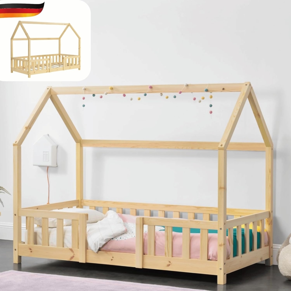 DELUKE® Kinderbett 70x140 cm LULO - Inkl. Lattenrost Rausfallschutz Einzelbett Hausbett Kinderzimmer Bodenbett Kinder Bett Klein Montessori Bett Braun Bild 1