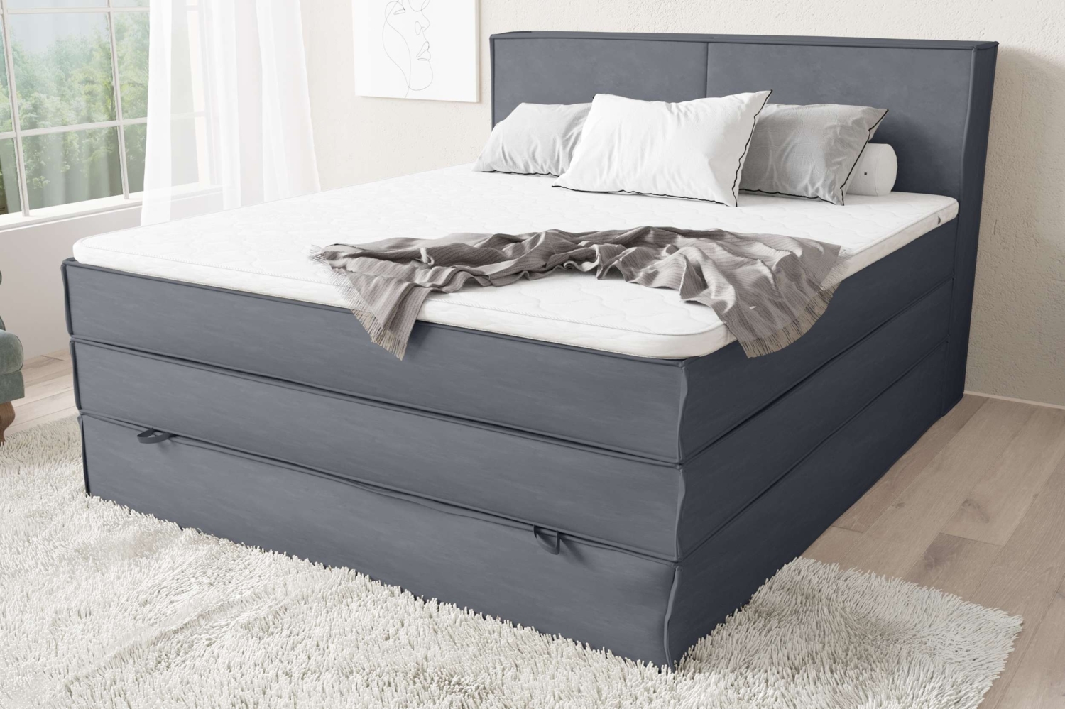 99rooms Santiago Boxspringbett Delphingrau Velours SORO 120x200 cm Bonell-Federung Bild 1