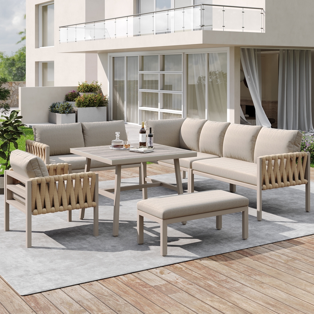 Merax Gartenmöbelset für 6-7 Personen, Seilgartenmöbelset mit verzinktem Eisengestell, verstellbare Beine, Ecksofa, Tischplatte aus gehärtetem Glas, inklusive aller Sitz- und Rückenkissen, beige Bild 1