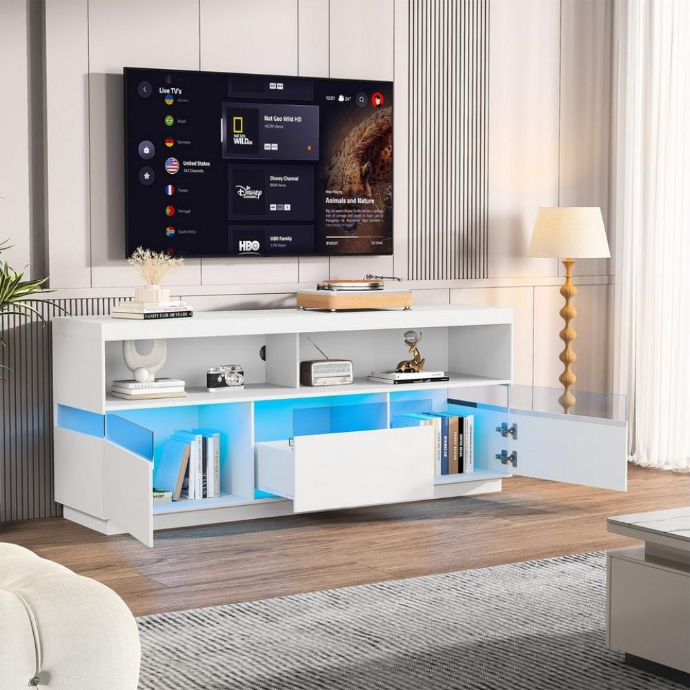 LuxeLiving Lowboard Hochglanz TV-Board Breite 147 cm, TV-Schrank, mit LED-Beleuchtung und großem Stauraum, Hochglanz, Weiß Bild 1