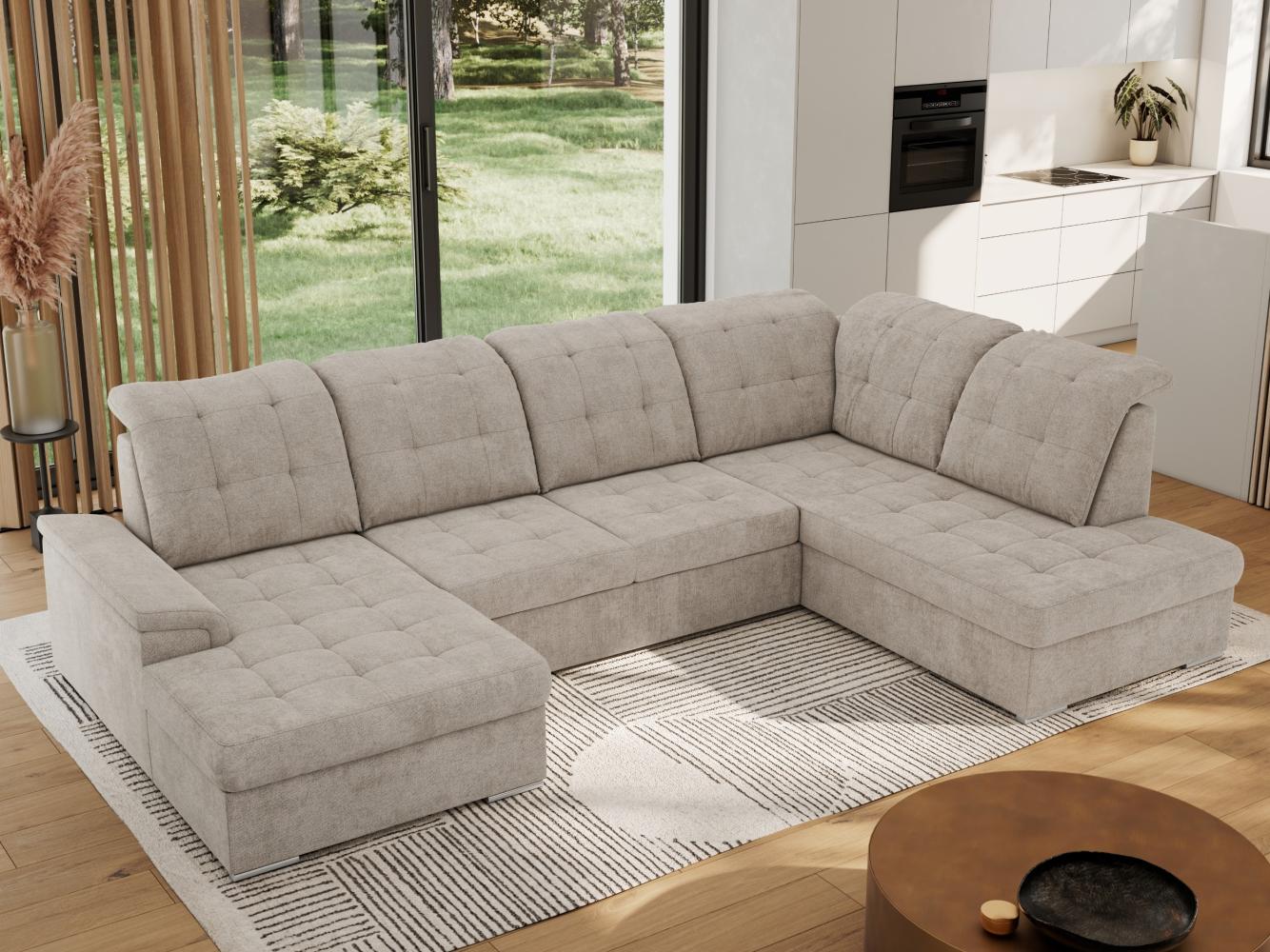 Ecksofa, Wohnzimmer U Couch, Polstersofa mit Bettkasten - MADRITO U - Beige Struktur - Rechts Bild 1