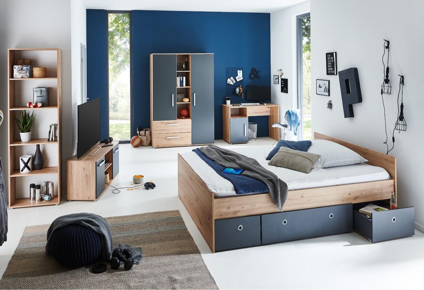 Jugendzimmer Alessio 6 teiliges Komplett Set in Artisan Oak mit Anthrazit von Arthur Berndt mit Kleiderschrank, 140er Bett mit Bettschubkästen und Schreibtisch, Rollcontainer und Standregal - MD110970 Bild 1