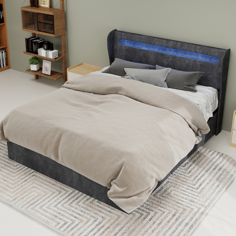 Flachbett 140×200cm LED-Umgebungslicht,Polsterstoff & Metallgestell,Gaslift-Stauraum,verstellbare Rückenlehne,Grau Bild 1