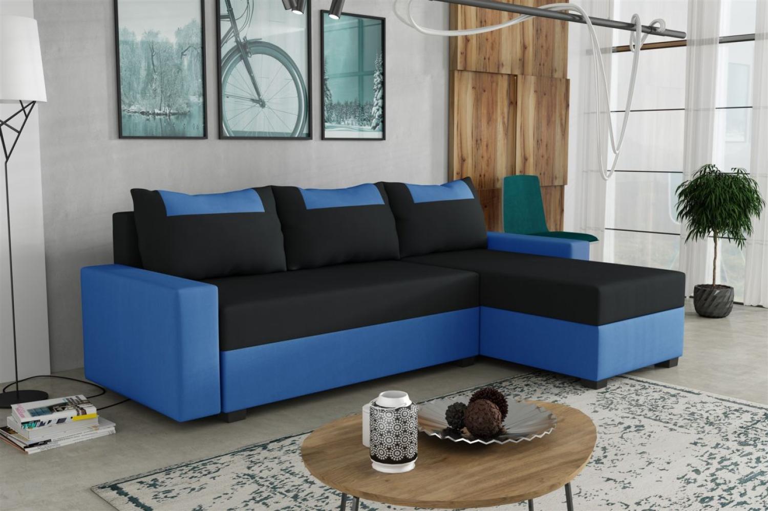 Ecksofa Schlafsofa Sofa HEDVIG LUX Manila Blau- Schwarz Ottomane Rechts Bild 1