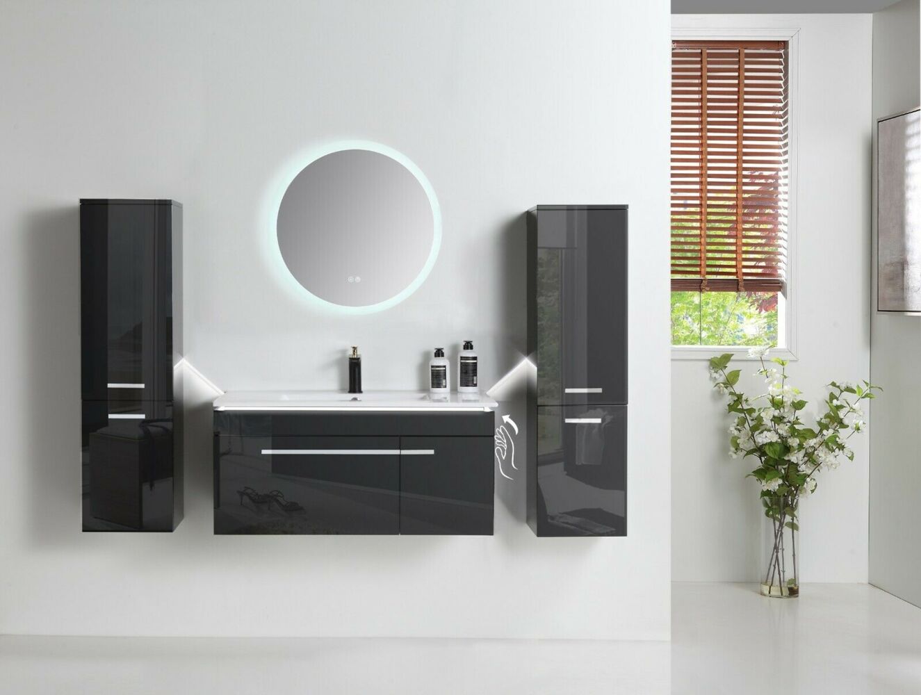 Badezimmermöbel 5-tlg – 90 cm Set Schwarz Hochglanz LED Bild 1