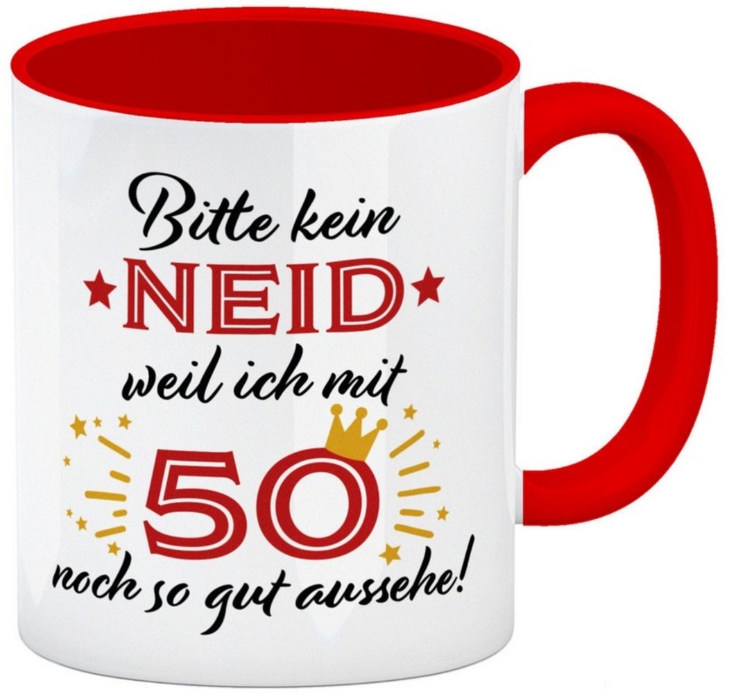 speecheese Tasse 50. Geburtstag Kaffeebecher Rot mit lustigem Spruch: Neid Bild 1