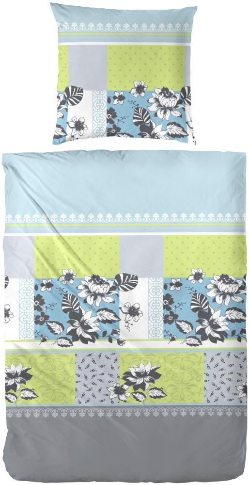 Primera Mako-Satin Bettwäsche 155x220 Karo grün-blau Blumen 2-tlg. 243139-53 Bild 1