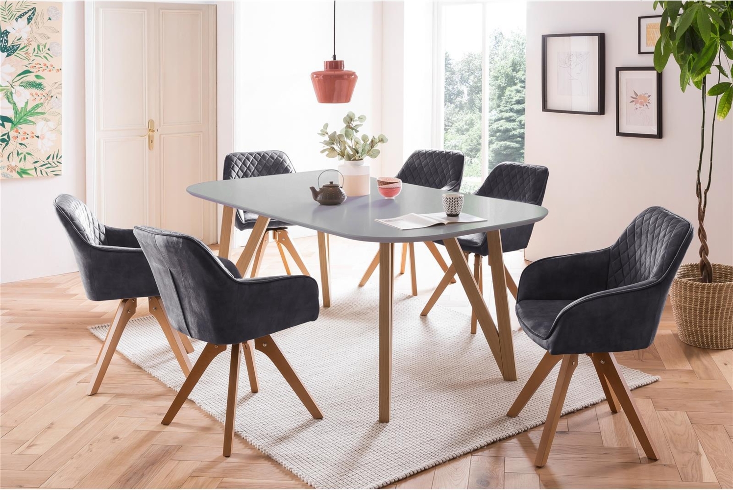 Essgruppe 5-tlg. Tisch 160x90 aus MDF Grau + 4 Stühle aus Samtvelours Schwarz Bild 1
