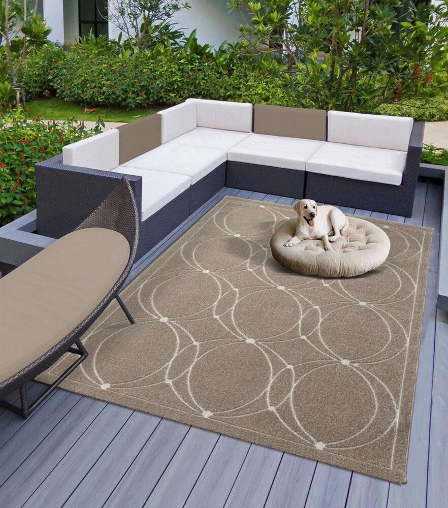 TaraCarpet Teppich Indoor & Outdoor Teppich Capri modernes Kreise Design, rechteckig, Höhe: 5 mm, Kurzflor beige In & Outdoor Balkon Terrasse Wohnzimmer 120x170 Bild 1