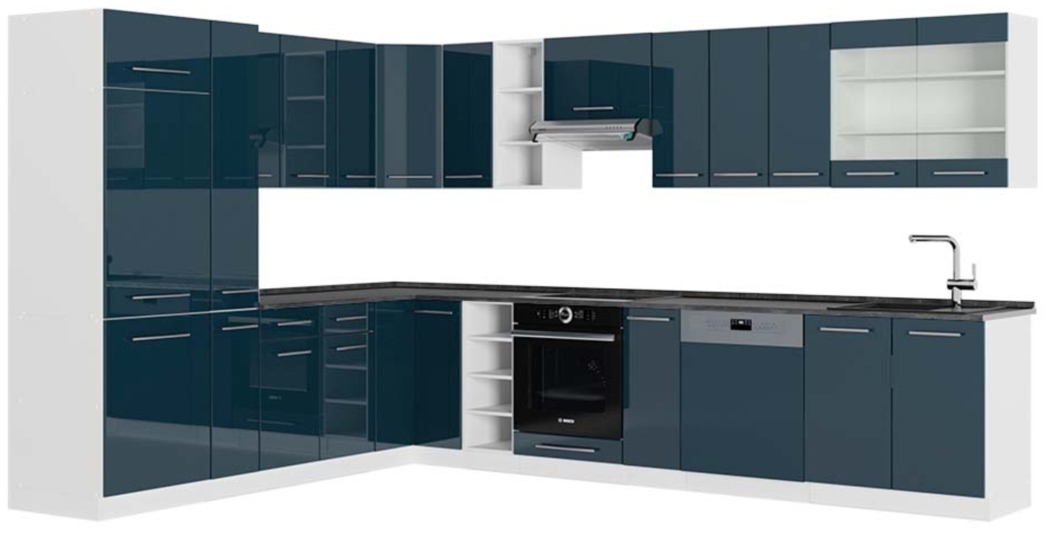 Einbauküche Fame-Line Dunkelblau Hochglanz/Weiß 347 x 60 cm , AP Anthrazit Vicco Bild 1