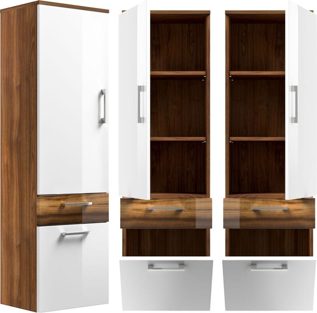 Hochschrank RIMAO-100 Hochglanz weiß, Walnuss Nb, B x H x T ca.: 40 x 134,5 x 30 cm Bild 1